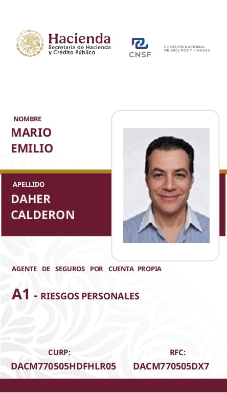 Cédula de agente de seguros de Mario Daher — frente: autorización A1 Riesgos Personales