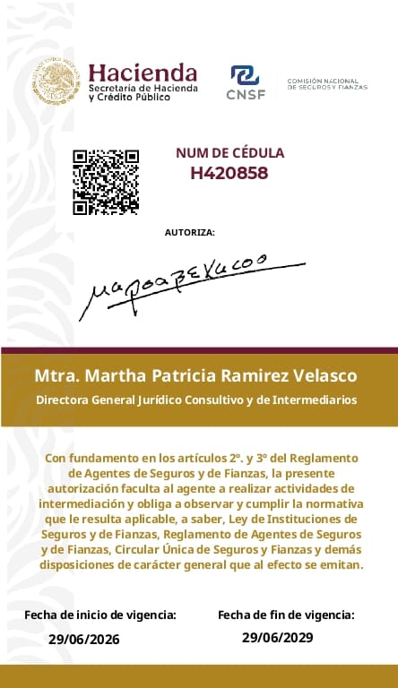 Cédula de agente de seguros de Mario Daher — reverso: número H420858, vigencia al 29 de junio de 2029