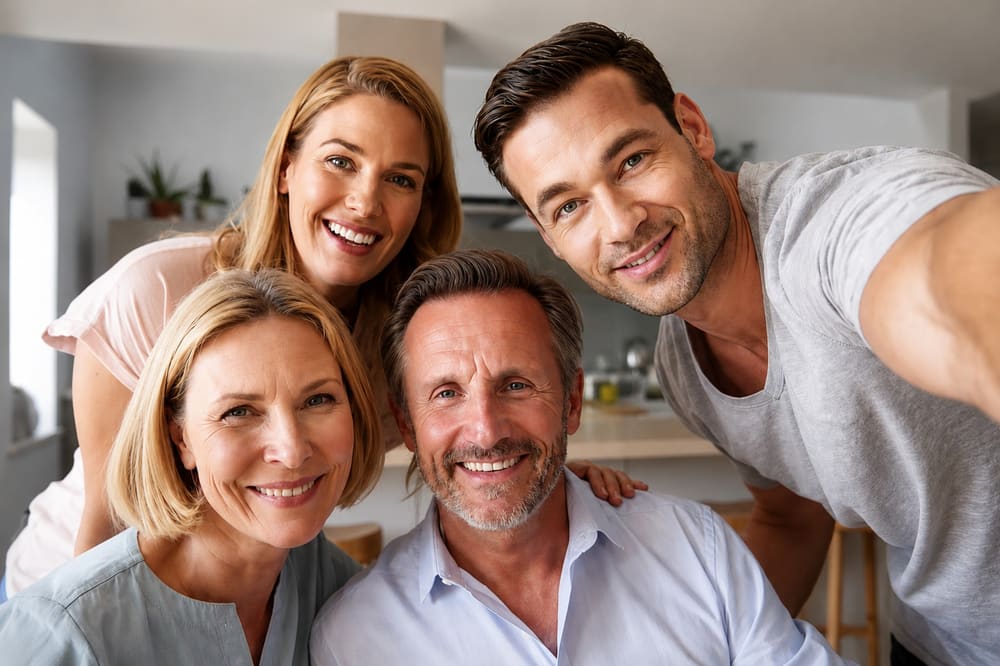 Familia de tres generaciones tomándose una selfie en casa