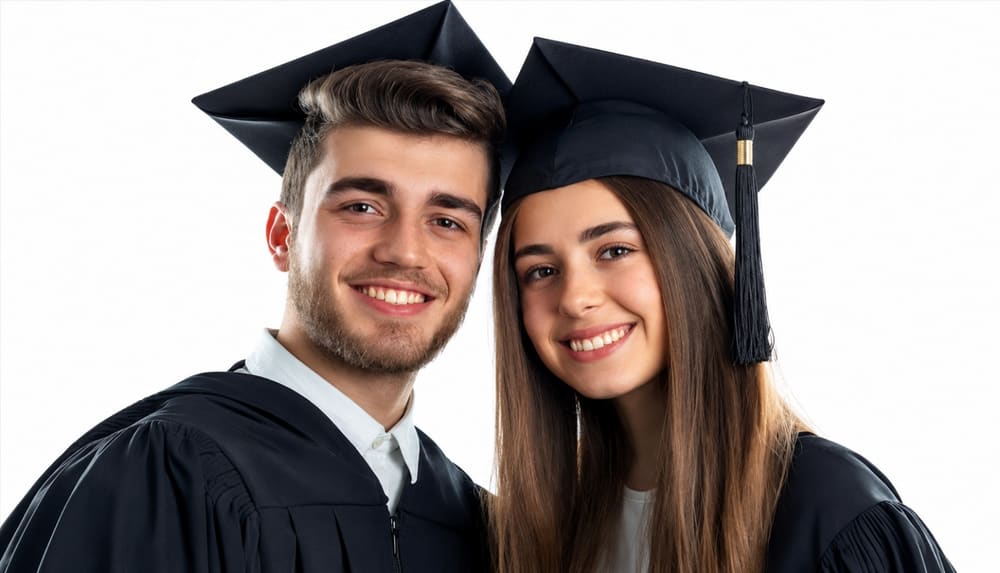 Dos jóvenes graduados universitarios con toga y birrete — Seguro Educativo Segubeca